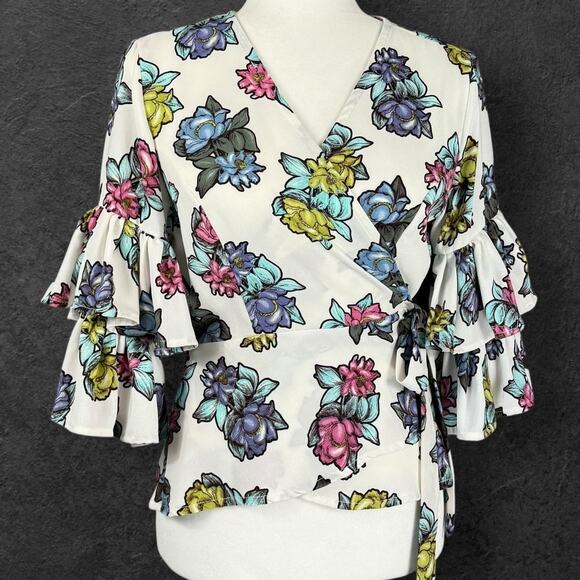 Y2K Flamenco Double Exaggerated Ruffle Mafia Style Sleeve GNO Rampage Wrap Top L - Picture 1 of 8